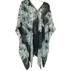 Unbranded BOHO Sheer Kimono Cardigan Gray Floral Print Lightweight Cover Up
